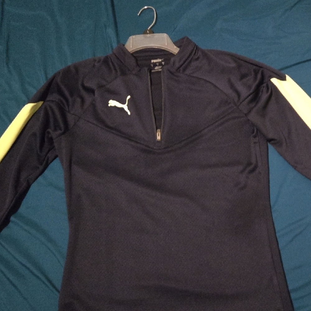 Puma Navy Half-Zip Pullover with Yellow Sleeve Stripes